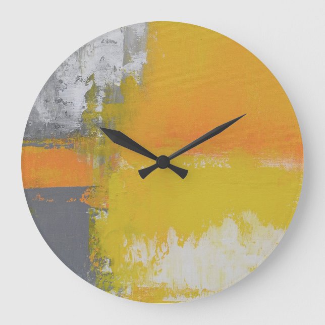 Reloj Redondo Grande pintura blanca amarilla gris del arte abstracto (Anverso)