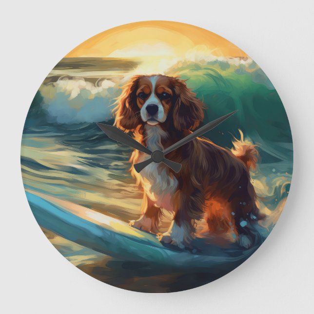 Reloj Redondo Grande Pintura Cavalier King Beach para surf (Anverso)