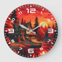 Pintura de atardecer con cabaña y lago-66633