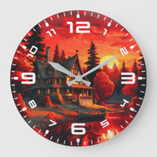 Reloj Redondo Grande Pintura de atardecer con cabaña y lago-66633
