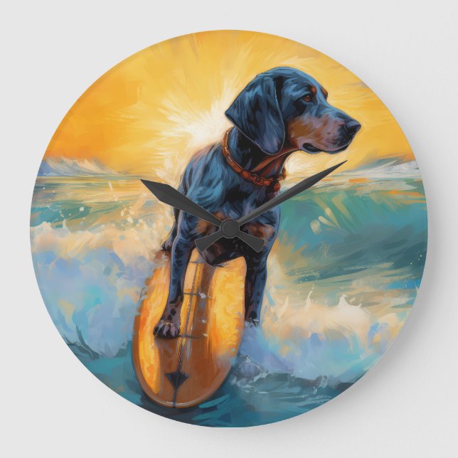 Reloj Redondo Grande Pintura de Bluetick Coonhound Beach Surfing (Anverso)