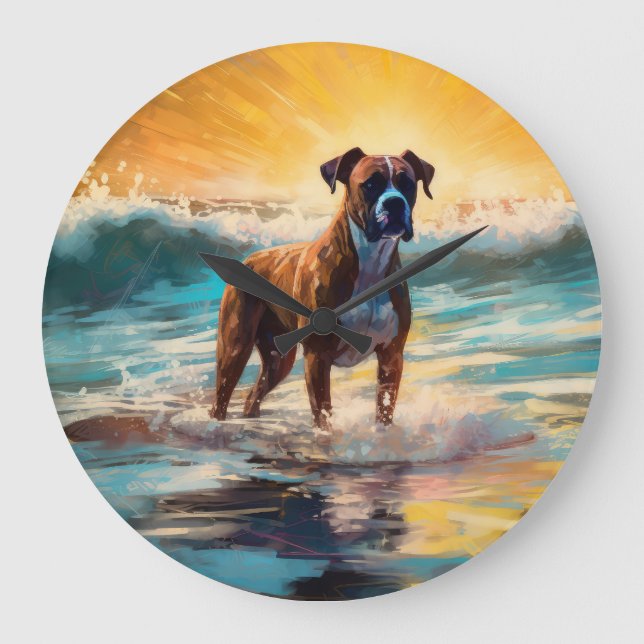 Reloj Redondo Grande Pintura de Boxer Beach Surfing (Anverso)