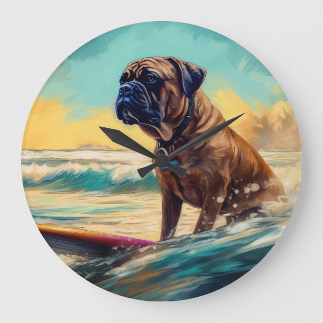 Reloj Redondo Grande Pintura de Bullmastiff Beach Surfing (Anverso)