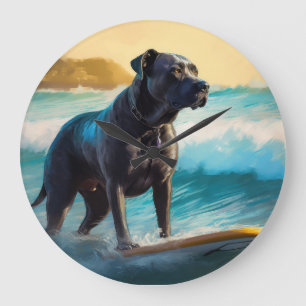 Reloj Redondo Grande Pintura de Cane Corso en la playa surfeando