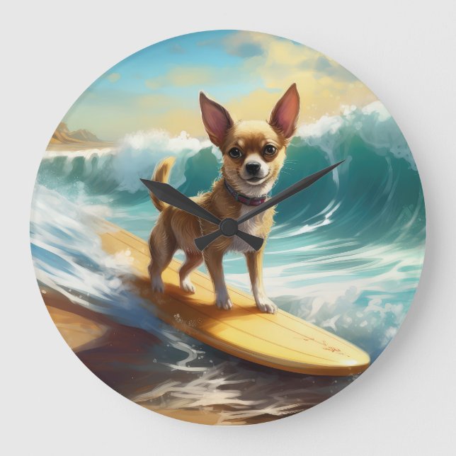 Reloj Redondo Grande Pintura de Chihuahua Beach Surfing (Anverso)