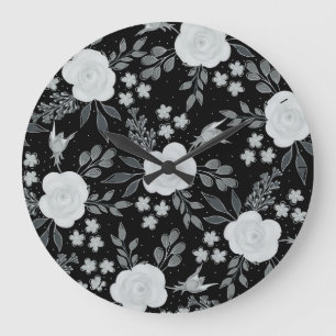 Reloj Redondo Grande Pintura de color de agua de Rosas blancos negros