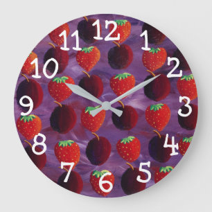 Reloj Redondo Grande Pintura de Frutas Rojas de Fresas y Ciruelas