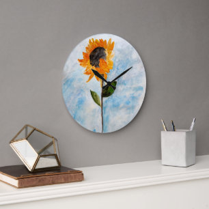 Reloj Redondo Grande Pintura de girasol acuarela