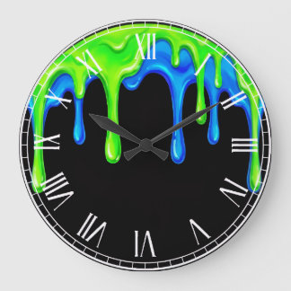 Reloj Redondo Grande Pintura de gotas de slime verde y azul neón sobre 