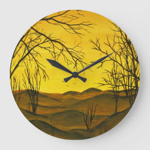 Reloj Redondo Grande Pintura de Gouache: cielo amarillo, marrón.
