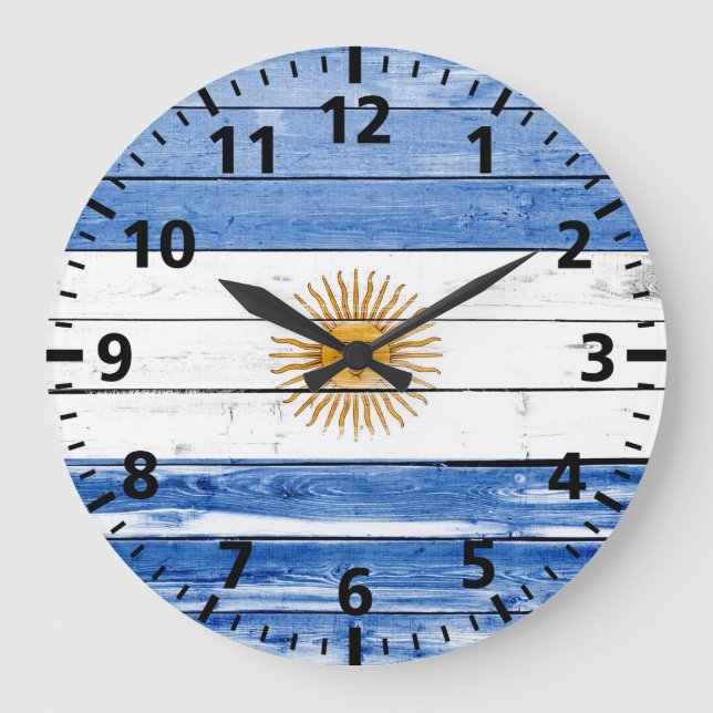 Reloj Redondo Grande Pintura de la bandera argentina sobre madera (Anverso)
