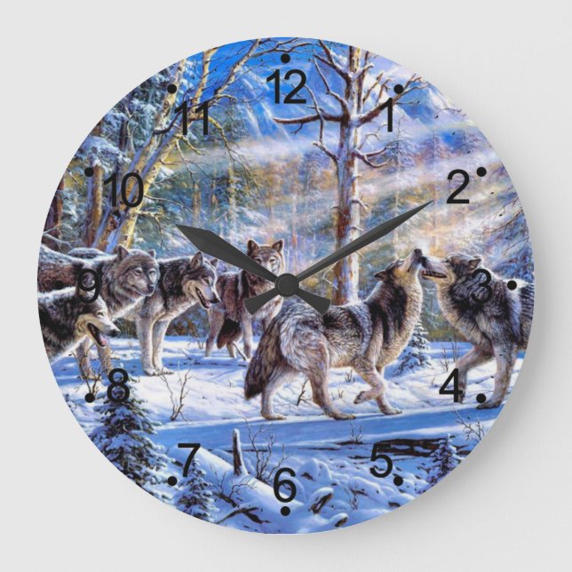 Reloj Redondo Grande Pintura de lobos grises (Anverso)