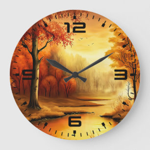 Reloj Redondo Grande Pintura de paisaje otoñal-87546