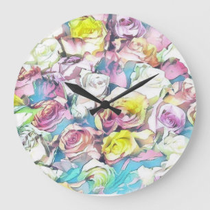 Reloj Redondo Grande Pintura de rosas rosas rosas, amarillas y blancas