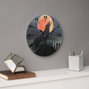 Reloj Redondo Grande Pintura de silueta de lobo de Alfred Fox
