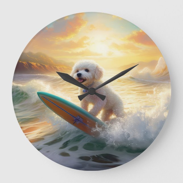 Reloj Redondo Grande Pintura de surf de Bichon Frise Beach (Anverso)