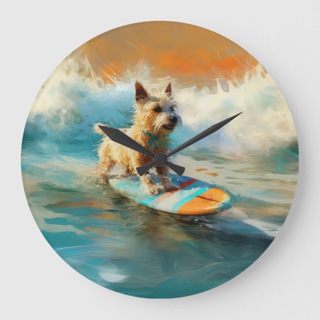 Reloj Redondo Grande Pintura de surf de Biewer Terrier Beach (Anverso)