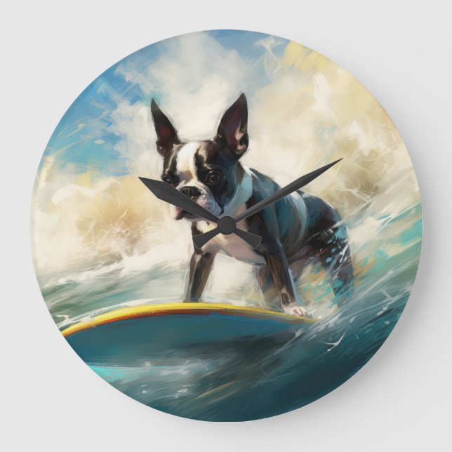 Reloj Redondo Grande Pintura de surf en Boston Terrier Beach (Anverso)