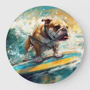 Reloj Redondo Grande Pintura de Surf en la Playa Bulldog