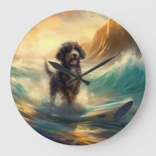 Reloj Redondo Grande Pintura de surf en la playa de Bernedoodle