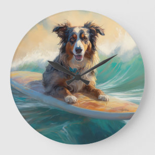Reloj Redondo Grande Pintura de Surf en la Playa de Pastor Australiano