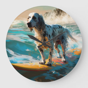 Reloj Redondo Grande Pintura de surf en la playa del Setter inglés