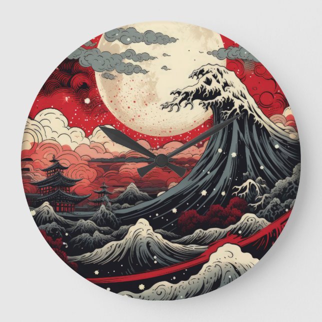Reloj Redondo Grande Pintura digital al estilo de arte japonés (Anverso)