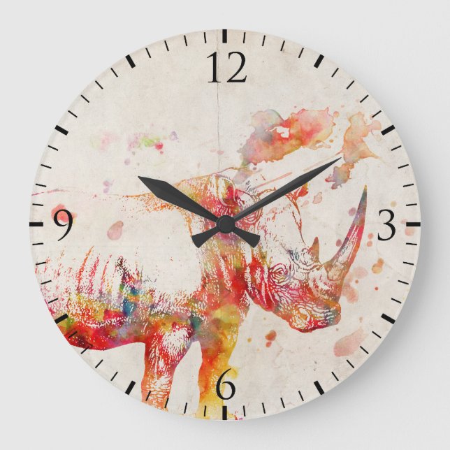 Reloj Redondo Grande Pintura digital del rinoceronte acuarela (Anverso)