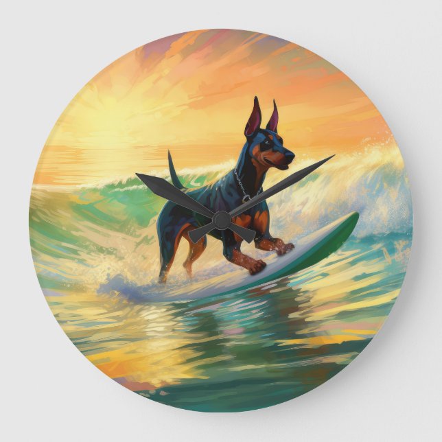 Reloj Redondo Grande Pintura Doberman Beach Surfing (Anverso)