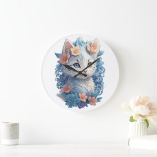 Reloj Redondo Grande Pintura en acuarela de gato adorable con salpicadu
