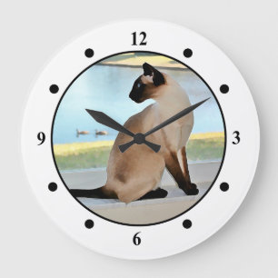 Reloj Redondo Grande Pintura pacífica del gato siamés