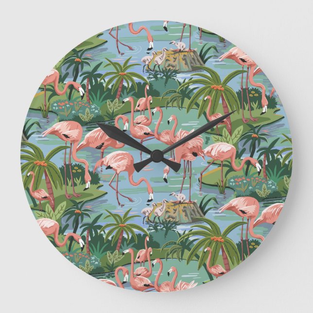 Reloj Redondo Grande Pintura rosa del lago Flamingo por número (Anverso)