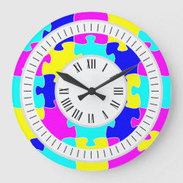 Reloj Redondo Grande Pinza aguda rosa caliente, azul y amarillo arte de