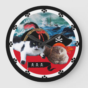 Reloj Redondo Grande PIRATE CATS AND SHIP IN THE SEA STORM, Black Paws