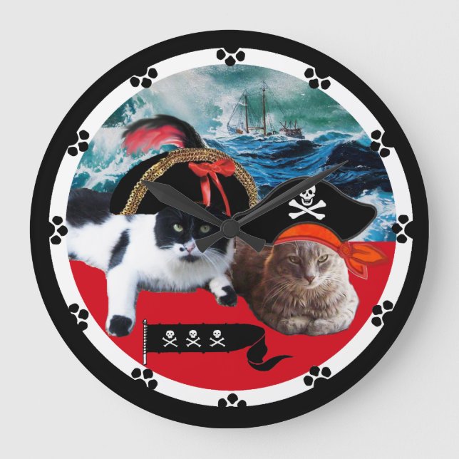 Reloj Redondo Grande PIRATE CATS AND SHIP IN THE SEA STORM, Black Paws (Anverso)