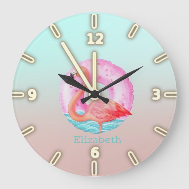 Reloj Redondo Grande Piscina Adorable Flamingos Rosa Flota (Anverso)