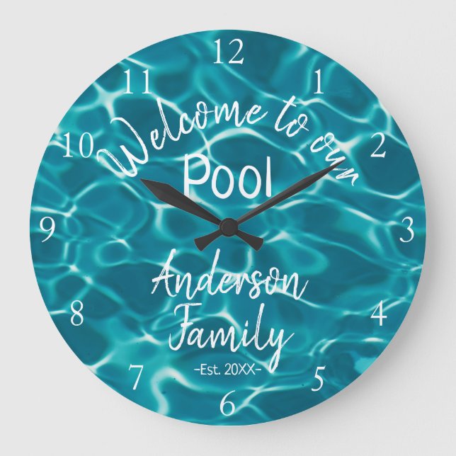 Reloj Redondo Grande Piscina azul personalizada Agua de bienvenida a nu (Anverso)
