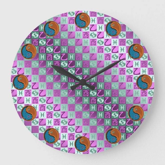 Reloj Redondo Grande Piscis y Gallo de Madera (Anverso)