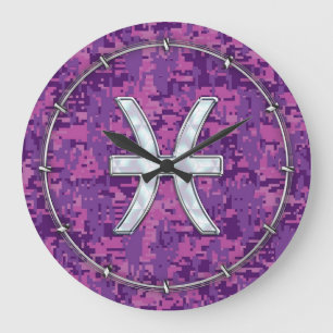 Reloj Redondo Grande Piscis Zodiaco sobre Camuflaje Digital Rosa Fucsia