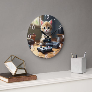 Reloj Redondo Grande "Pixel Paws: The Gamer Kitten in Action"