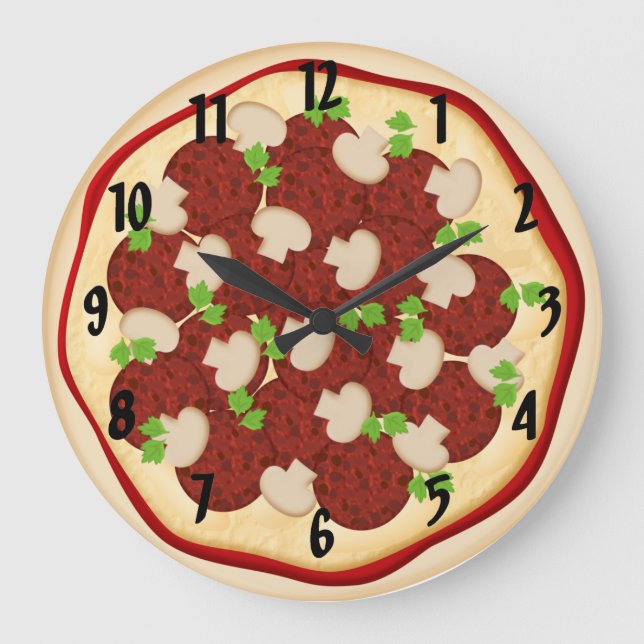 Reloj Redondo Grande Pizza con pepperoni y champiñones (Anverso)