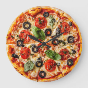 Reloj Redondo Grande pizza italiana con tomates, aceitunas y albahaca