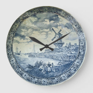 Reloj Redondo Grande Placa holandesa del molino de viento Blue Delft