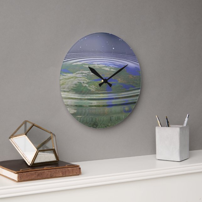 Reloj Redondo Grande Planeta Tierra con ondas de agua (Oficina)