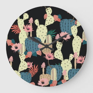 Reloj Redondo Grande Planta Cactus: Patrón Botánico Vintage