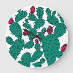 Reloj Redondo Grande Planta de cactus, patrón inoxidable verde vintage.
