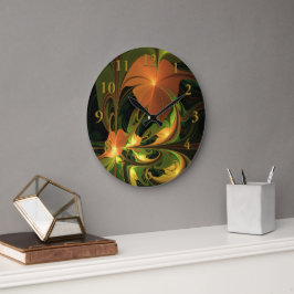 Reloj Redondo Grande Planta de fantasía Resumen Fractal Verde Rust Brow