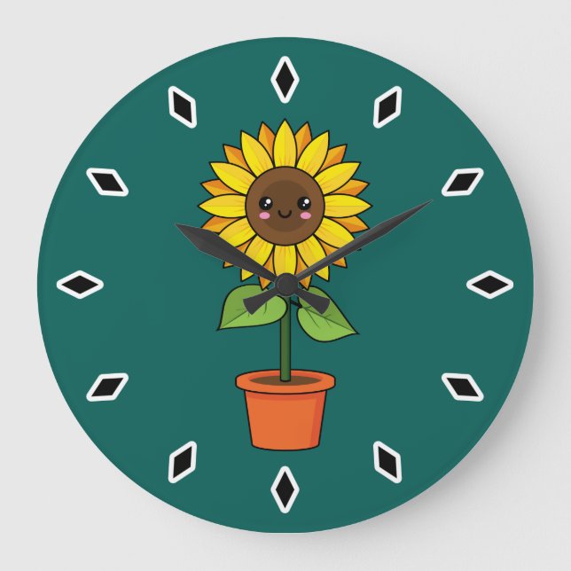 Reloj Redondo Grande Planta de girasol de Kawaii en una olla (Anverso)