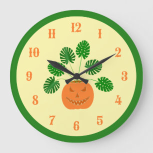 Reloj Redondo Grande Planta de Monstera de Halloween en calabaza