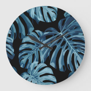 Reloj Redondo Grande Planta de Monstera: patrón de hojas azules.